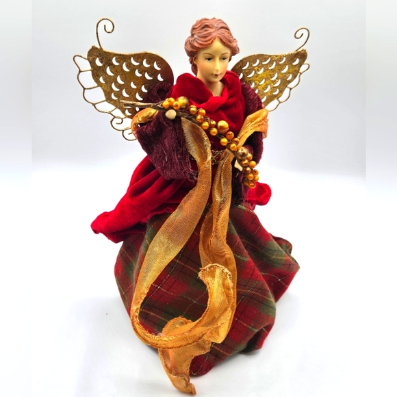 VINTAGE Angel Christmas Tree Topper / Decoration Red Gold Plaid - Picture 1 of 8
